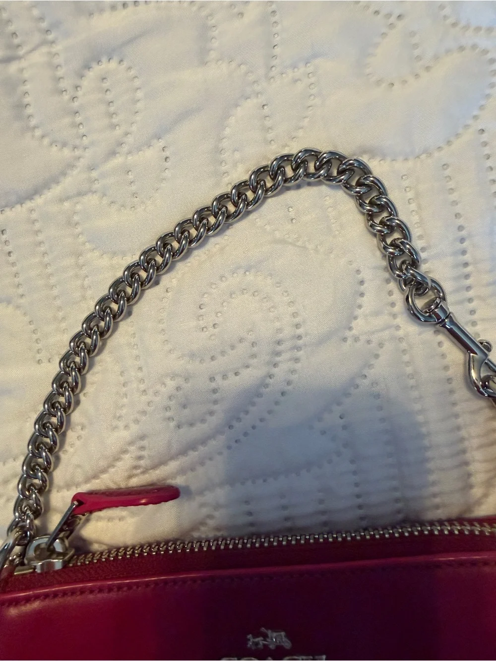 Coach Pink Leather Mini Wristlet with Silver Chain